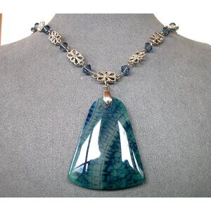 Blue Agate Pendant Necklace W/ Silver Floral Links & Beads